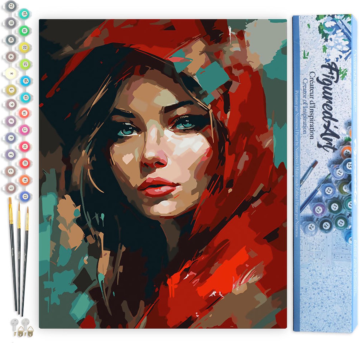 FiguredArt Schilderen op Nummer Volwassenen canvas Vrouw in Rode Sjaal - Handwerk acrylverf Kit DIY Compleet - 40x50cm zonder frame